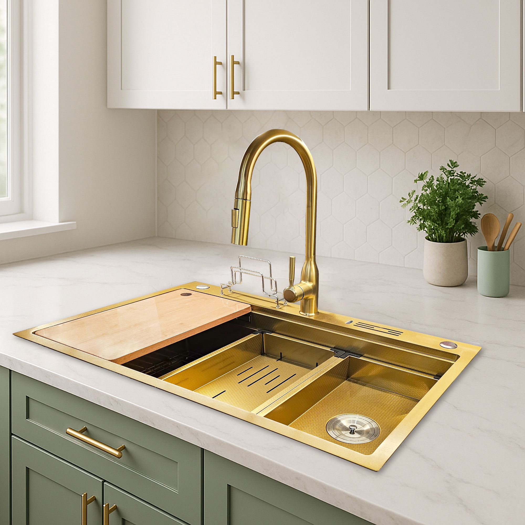 Multipurpose Deep (L) Honeycomb Kitchen Sink - Gold