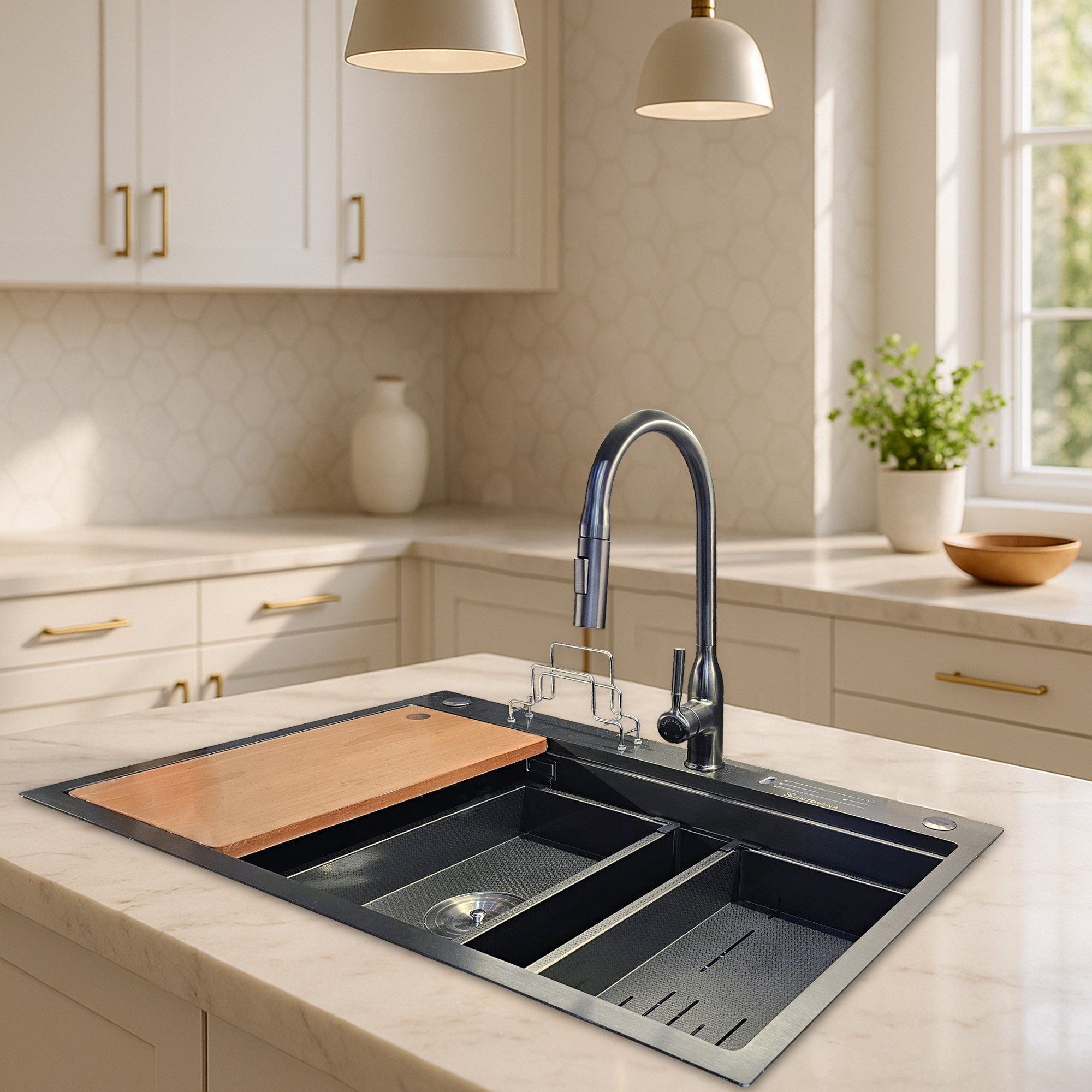 Multipurpose Deep Double Bowl Honeycomb Kitchen Sink - Stainless Steel 
